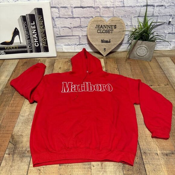 Vintage 90’s Marlboro Logo Red Drawstring Hoodie Sweatshirt Size L - Picture 5 of 13